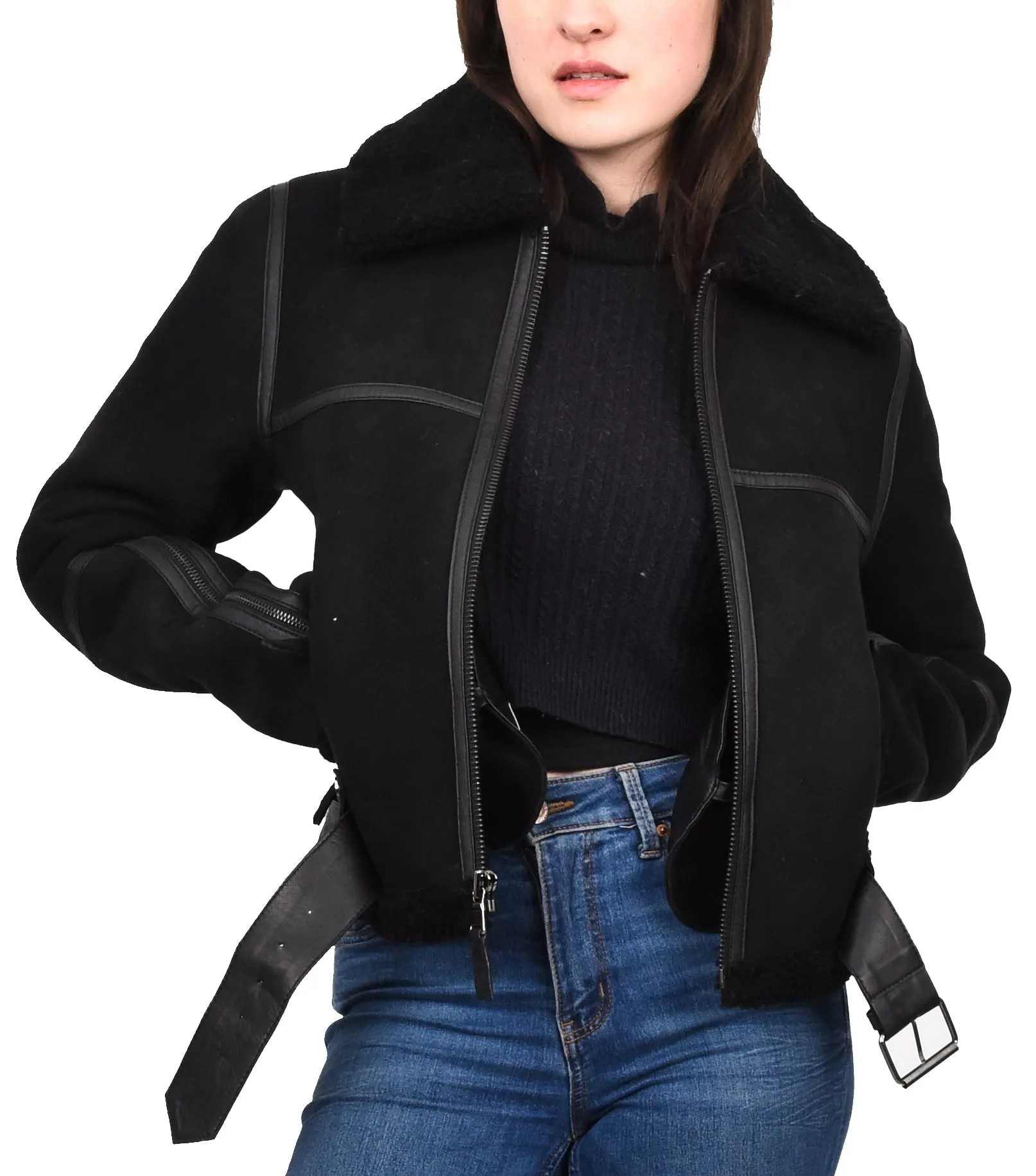 Women's Retro Genuine Sheepskin Aviator Jacket Black Quinnie