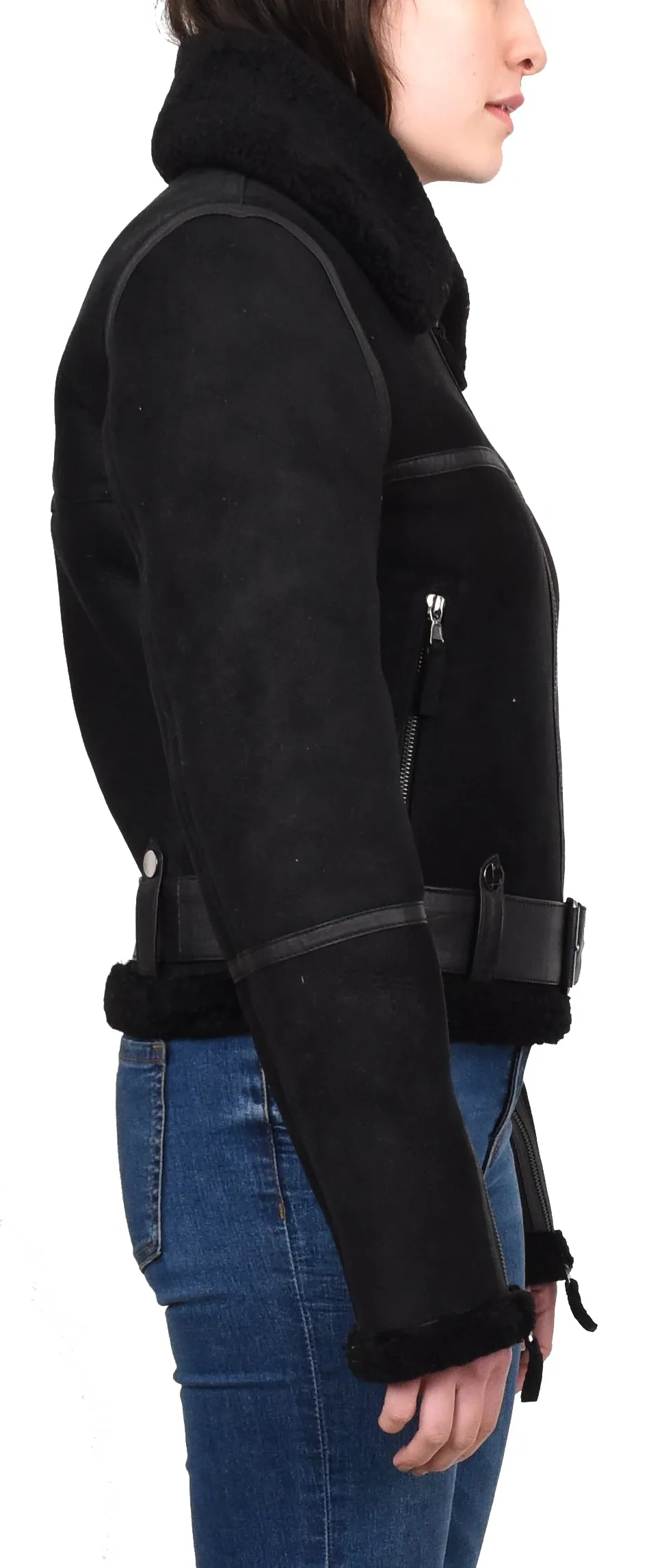 Women's Retro Genuine Sheepskin Aviator Jacket Black Quinnie
