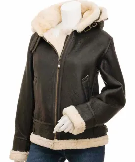 Women’s Shearling Buckle Collar Brown Leather Jacket with Hood