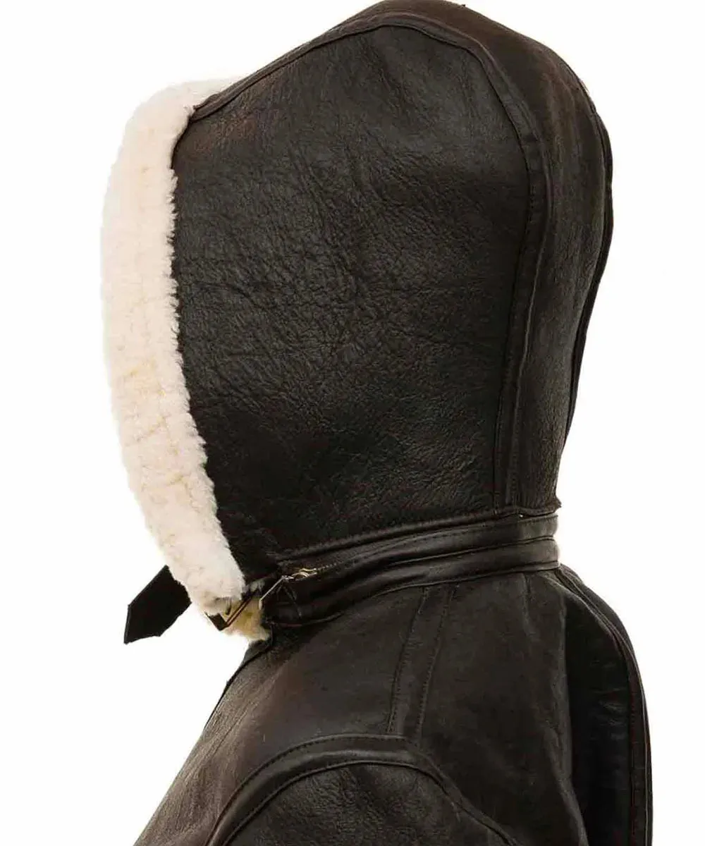 Women’s Shearling Buckle Collar Brown Leather Jacket with Hood