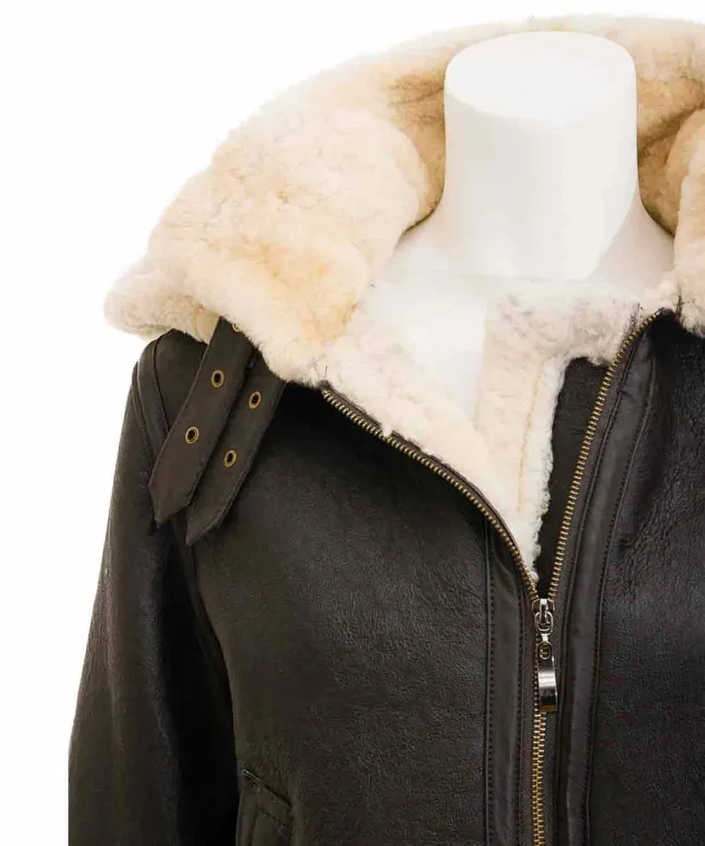 Women’s Shearling Buckle Collar Brown Leather Jacket with Hood