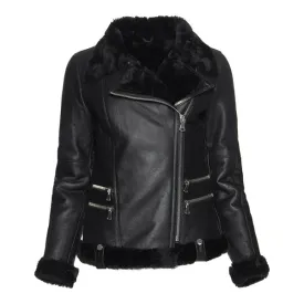 Women's Spanish Merino Faux Shearling Black Leather Jacket