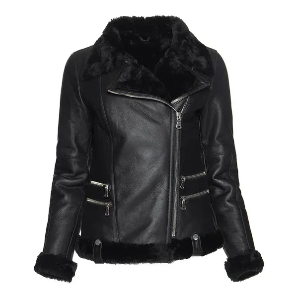 Women's Spanish Merino Faux Shearling Black Leather Jacket