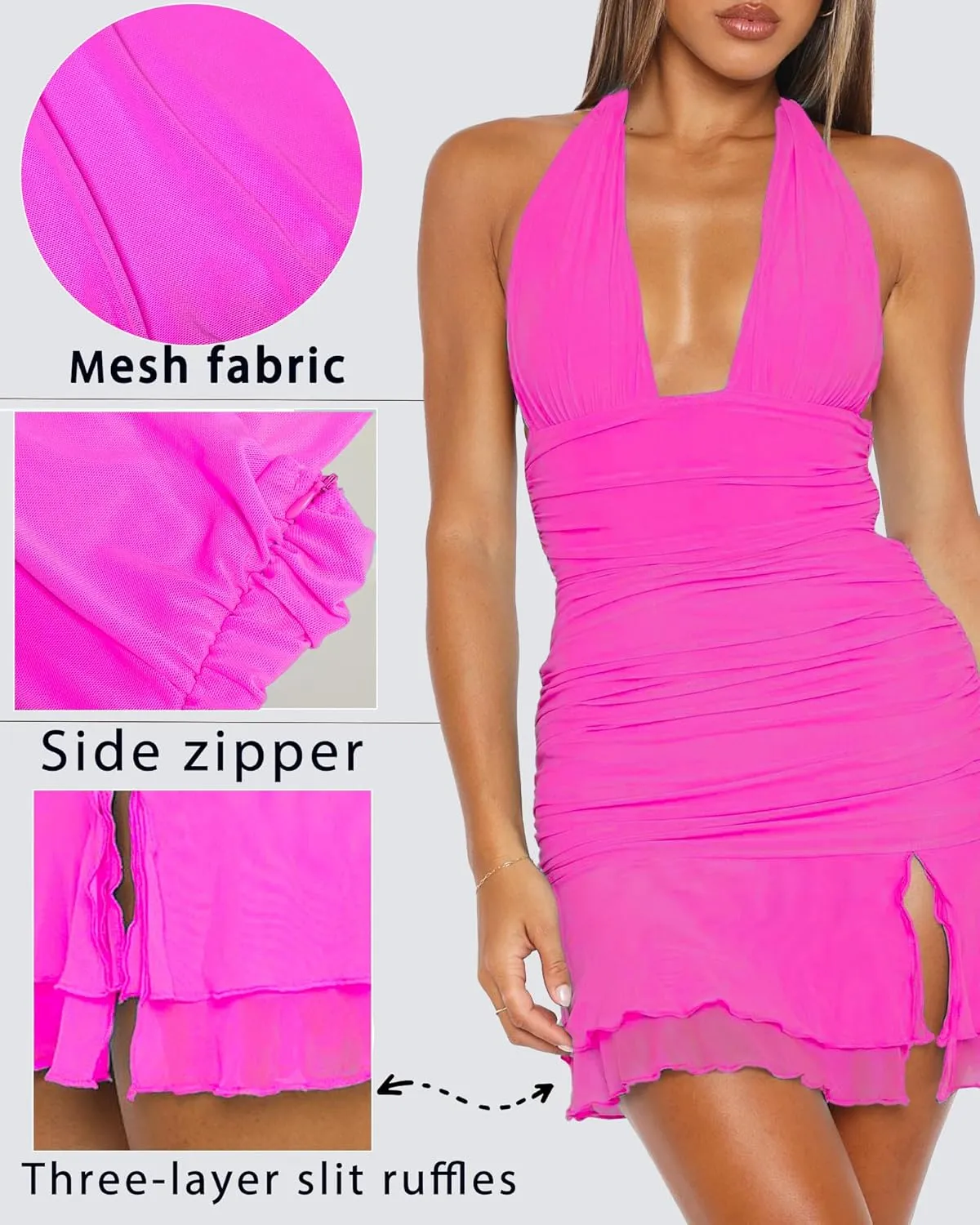 Women's Summer Halter Dresses Sexy V Neck Backless Side Slit Ruched Waist Ruffle Cocktail Party Mesh Bodycon Mini Dress