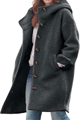 Womens Wool Blend Pea Coat with Hood Casual Botton Down Jacket Loose Fit Trench Coat Jacket