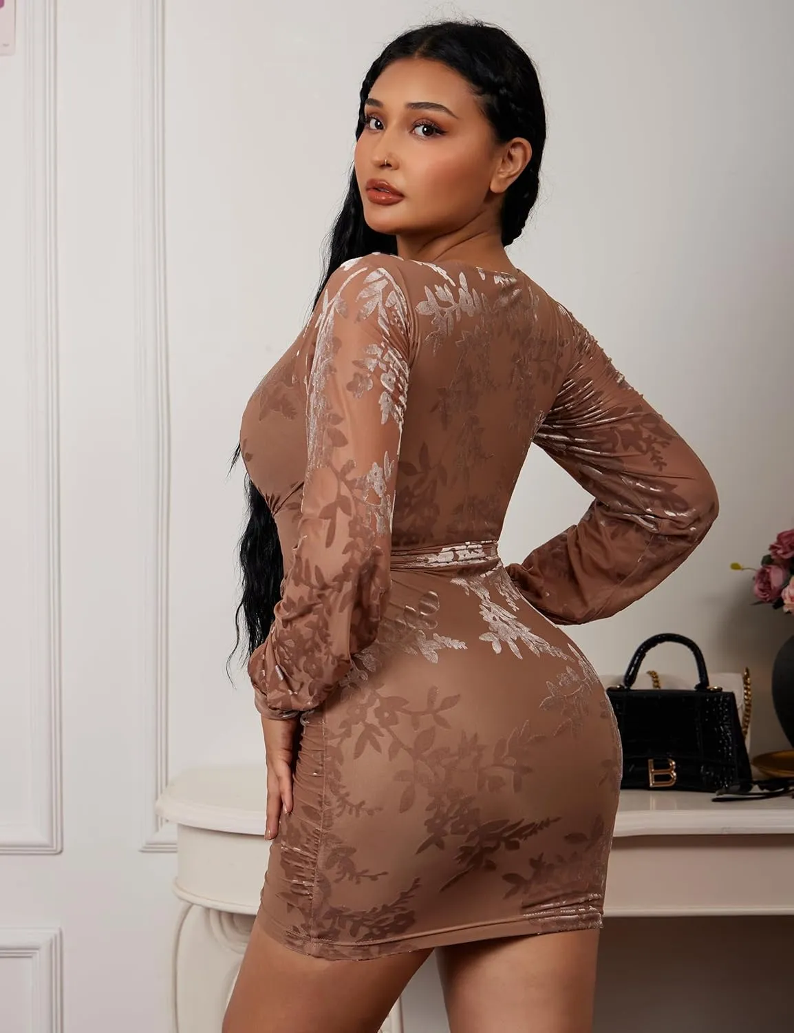 YMDUCH Women Sexy V Neck Long Sleeve Velvet Floral Bodycon Ruched Mini Cocktial Party Dress