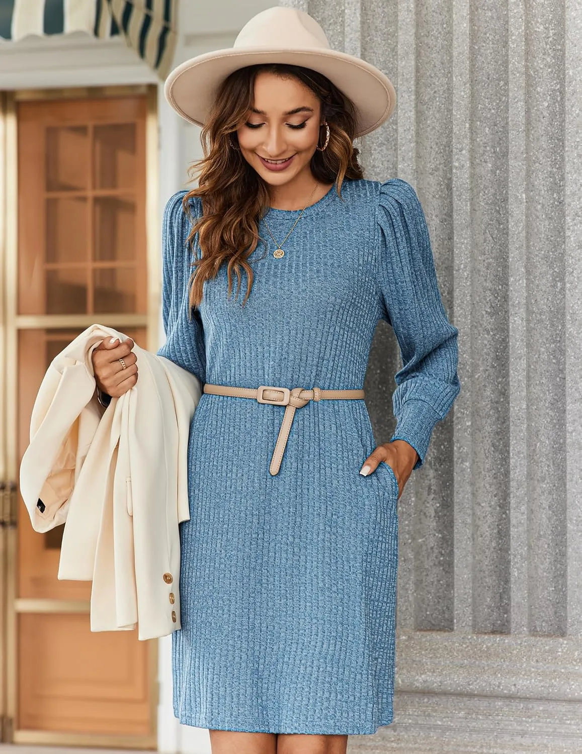 Zeagoo Women's Knit Dress with Puff Sleeves for Fall & Winter - Round Neck Casual Tunic Dress